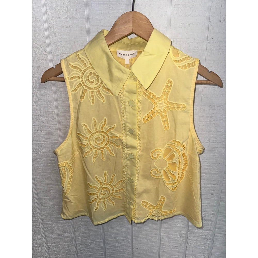 Entro Eyelet Sun Starfish Sleeveless Button Down Women Yellow Cropped Small NEW